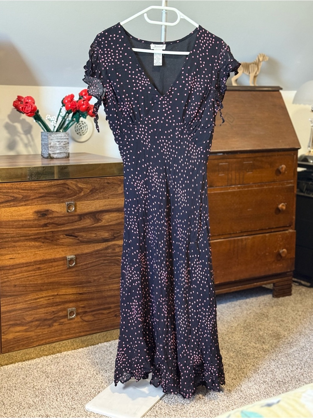 Jessica MP Black Pink Polka Dot Midi Dress Size 12 | Faux Wrap V-Neck | Y2K